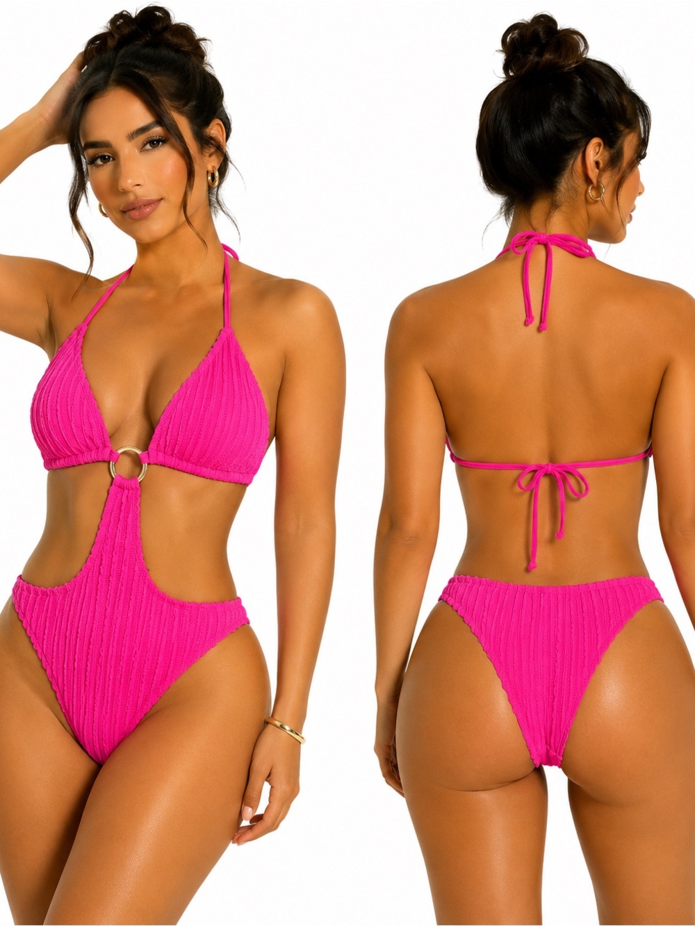 Hot Pink Cutout  Monokini Swimsuit with Gold Chain - Size  XL